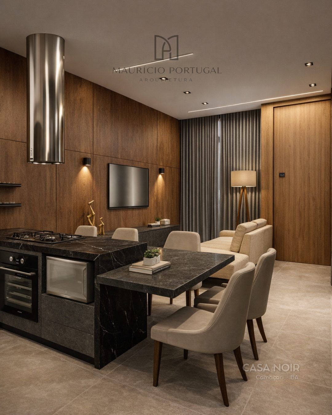 Cozinha integrada com coifa cilíndrica, marcenaria em madeira e mesa de mármore escuro — Casa Noir, Camaçari – BA