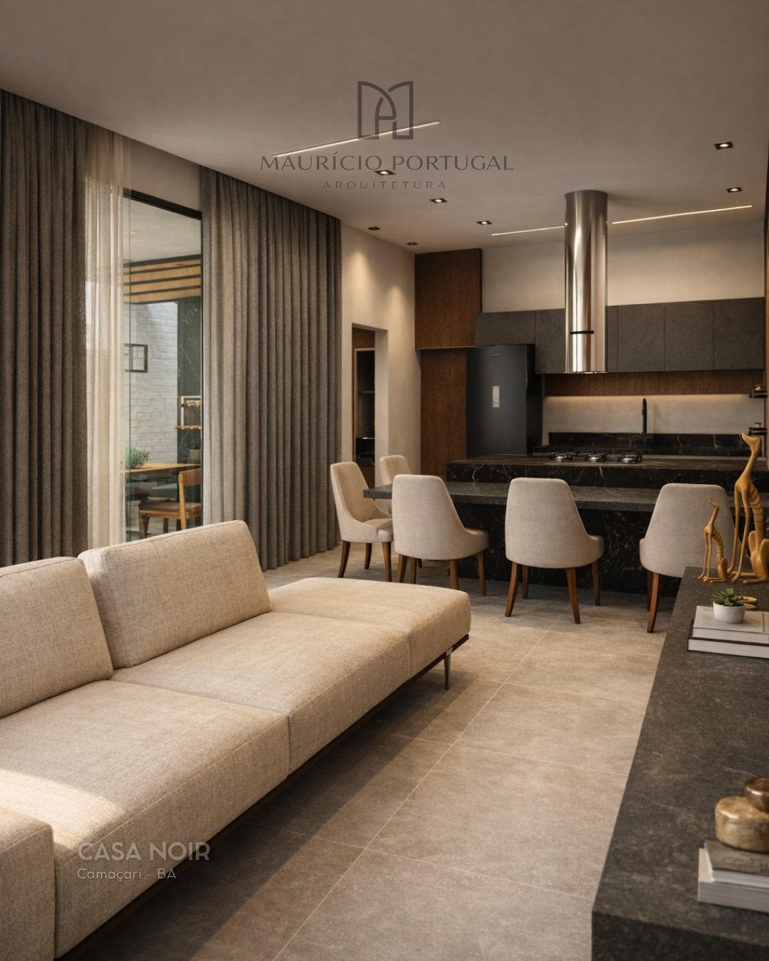 Living integrado com sofá claro, cortinas de linho e cozinha com bancada de mármore escuro ao fundo — projeto Casa Noir, Camaçari – BA